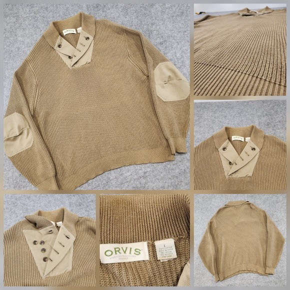 Orvis Other - Orvis Mens L Large Cotton Knit Shawl Collar Infantry Button Sweater Elbow Pads